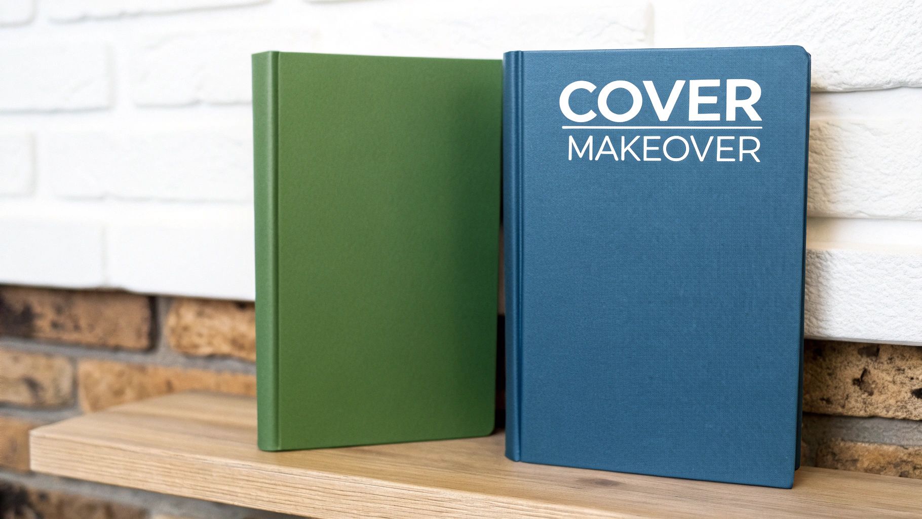 Two books, one green and one blue with 'COVER MAKEOVER' text, stand on a wooden shelf.