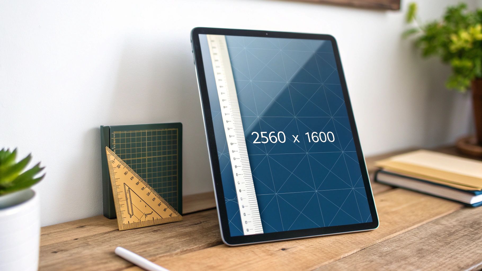 A tablet displaying screen resolution with a ruler, next to a cutting mat and set square.