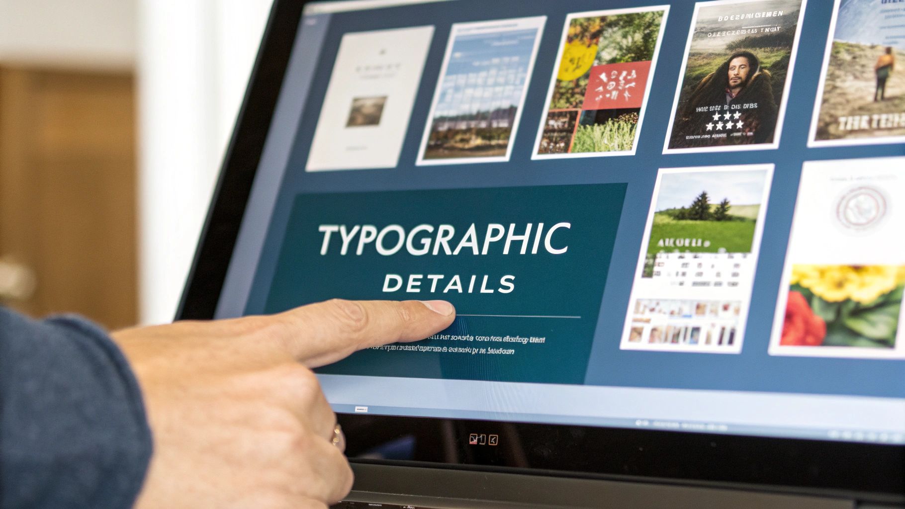 A person's finger touches a laptop screen showing 'TYPOGRAPHIC DETAILS' within a design software.