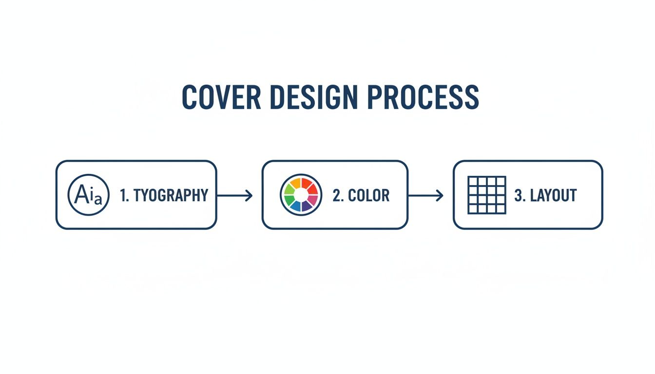 A flowchart illustrates the cover design process, including steps for typography, color, and layout.