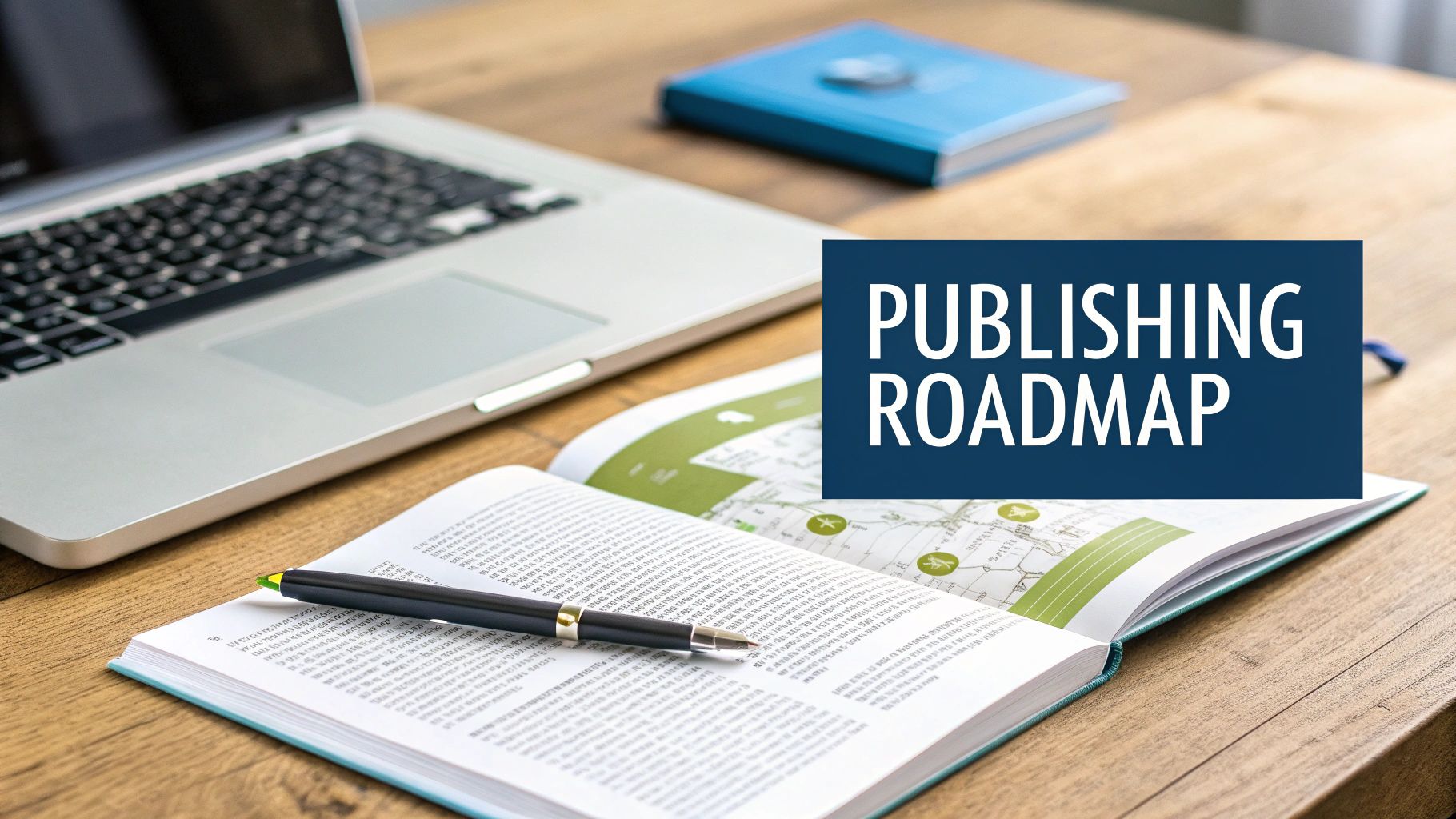 A laptop, open book with a pen, and blue notebook on a wooden desk with a 'PUBLISHING ROADMAP' text overlay.