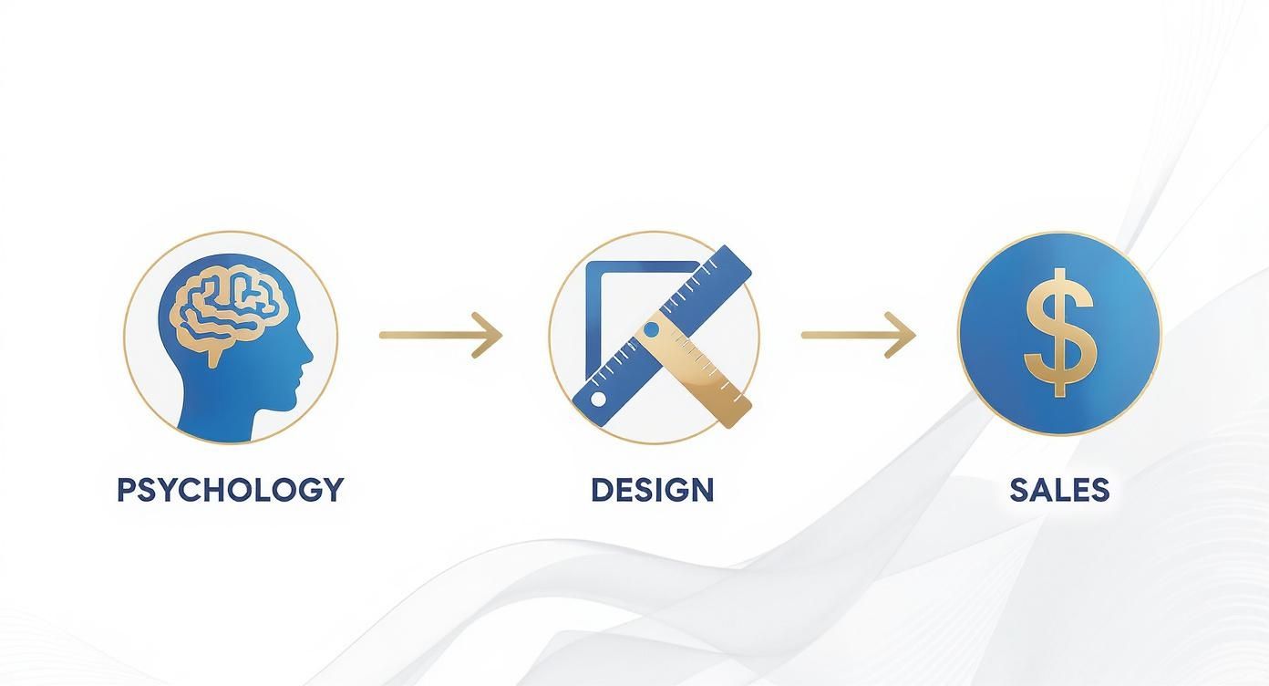 Process flow diagram: psychology (brain icon) leads to design (tools icon), then to sales (dollar sign).
