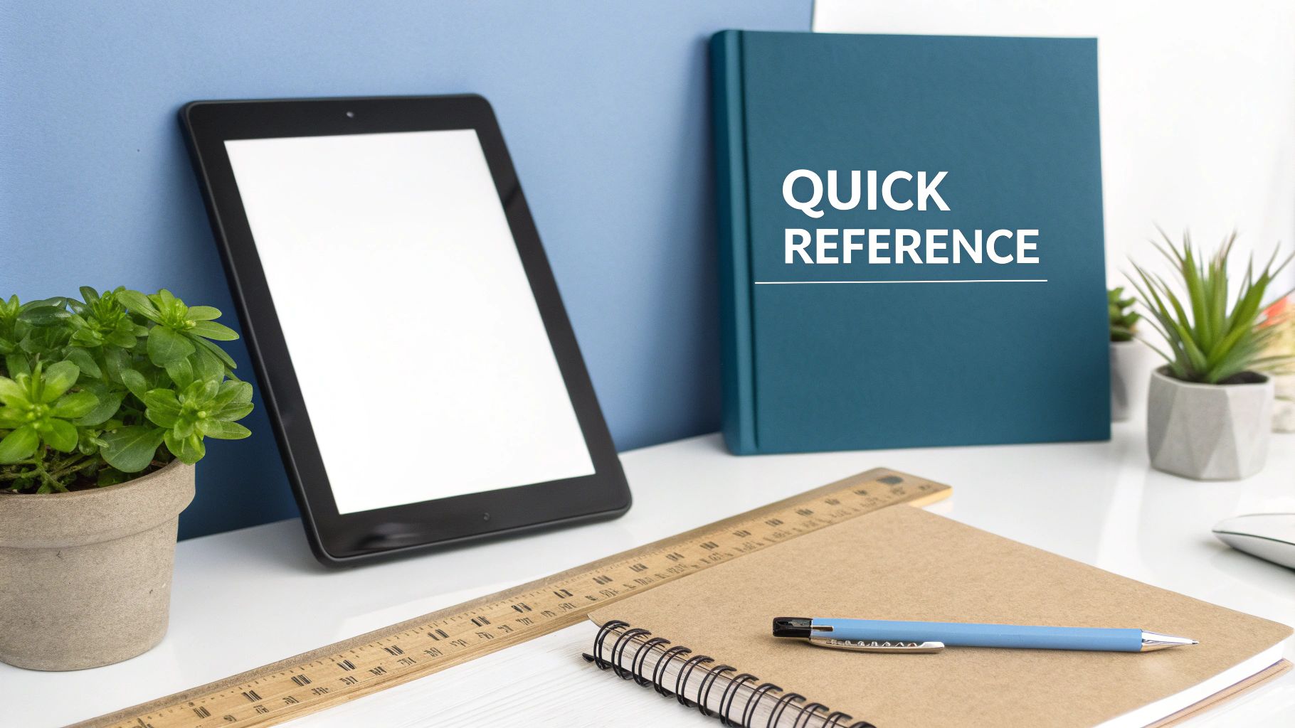 A modern workspace with a tablet, 'Quick Reference' book, potted plant, ruler, notebook, and pen.