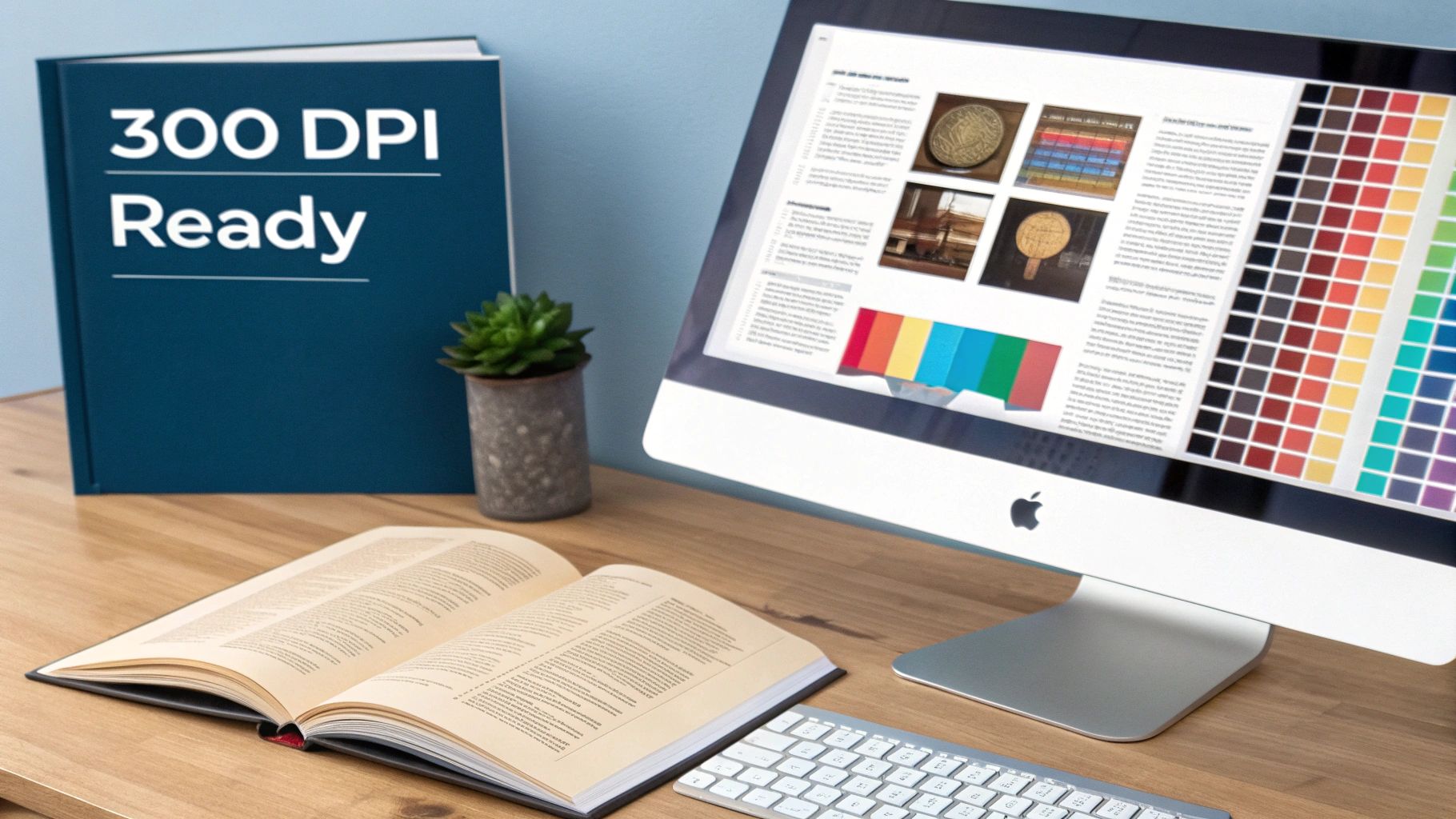 A desk setup with a '300 DPI Ready' book, an open book, an Apple iMac displaying design layouts, and a keyboard.