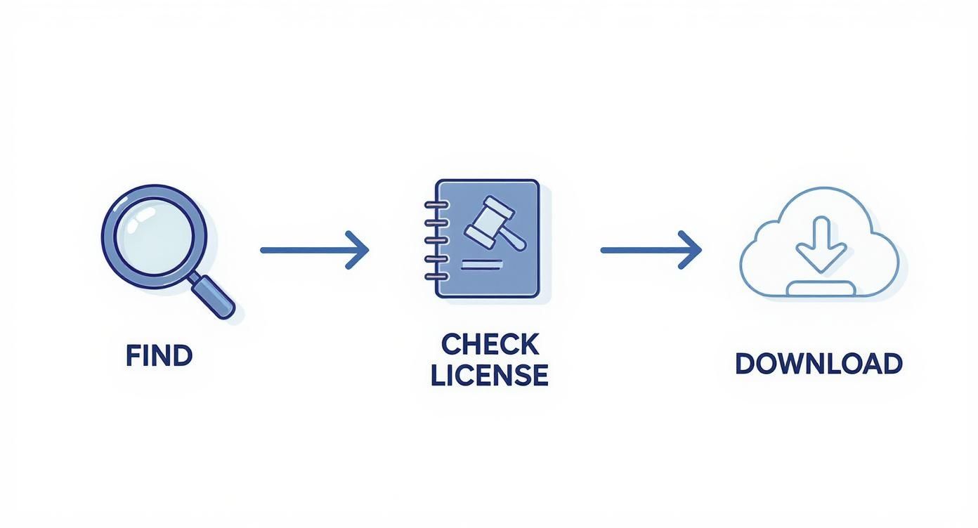 Flowchart showing three steps: Find (magnifying glass), Check License (gavel on notebook), and Download (cloud).