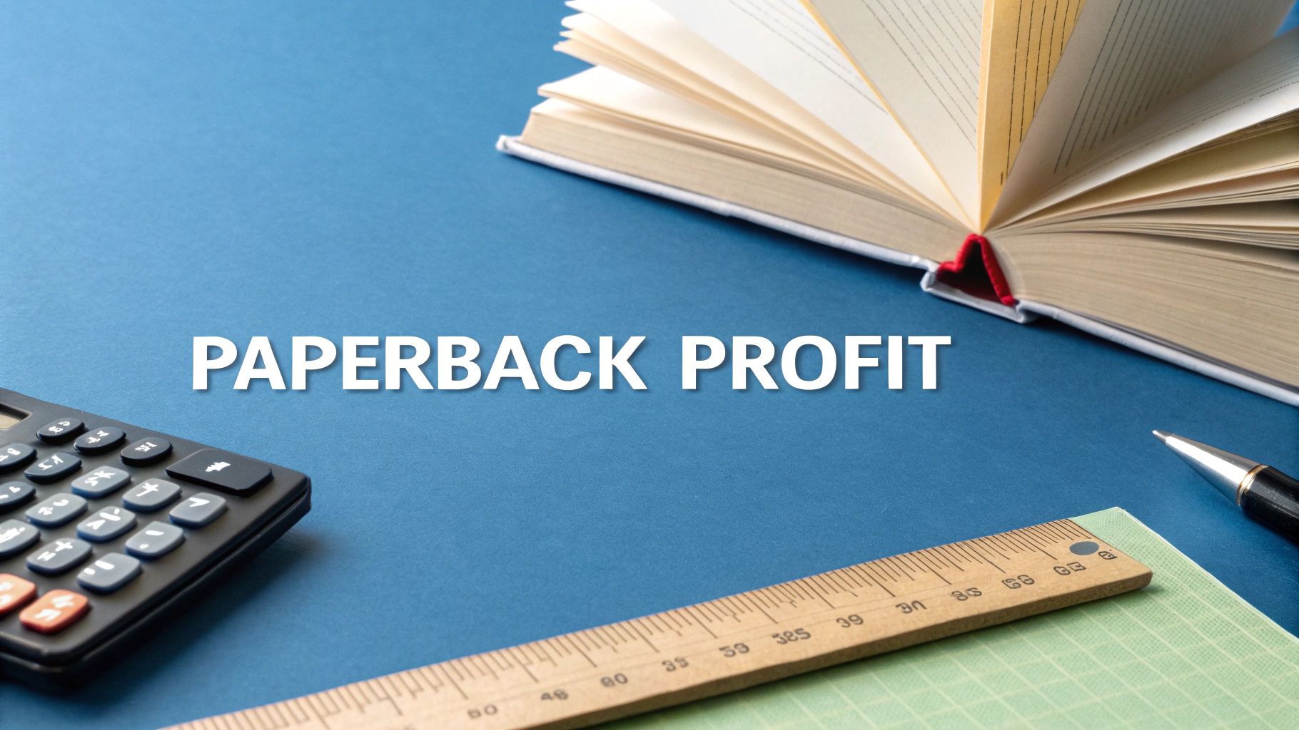 A calculator, open book, ruler, and pen on a blue background with 'PAPERBACK PROFIT' text.