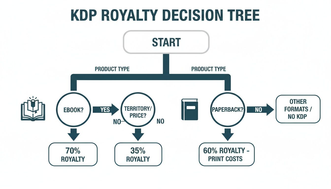 A KDP royalty decision tree flowchart illustrating royalty percentages for ebooks and paperbacks.