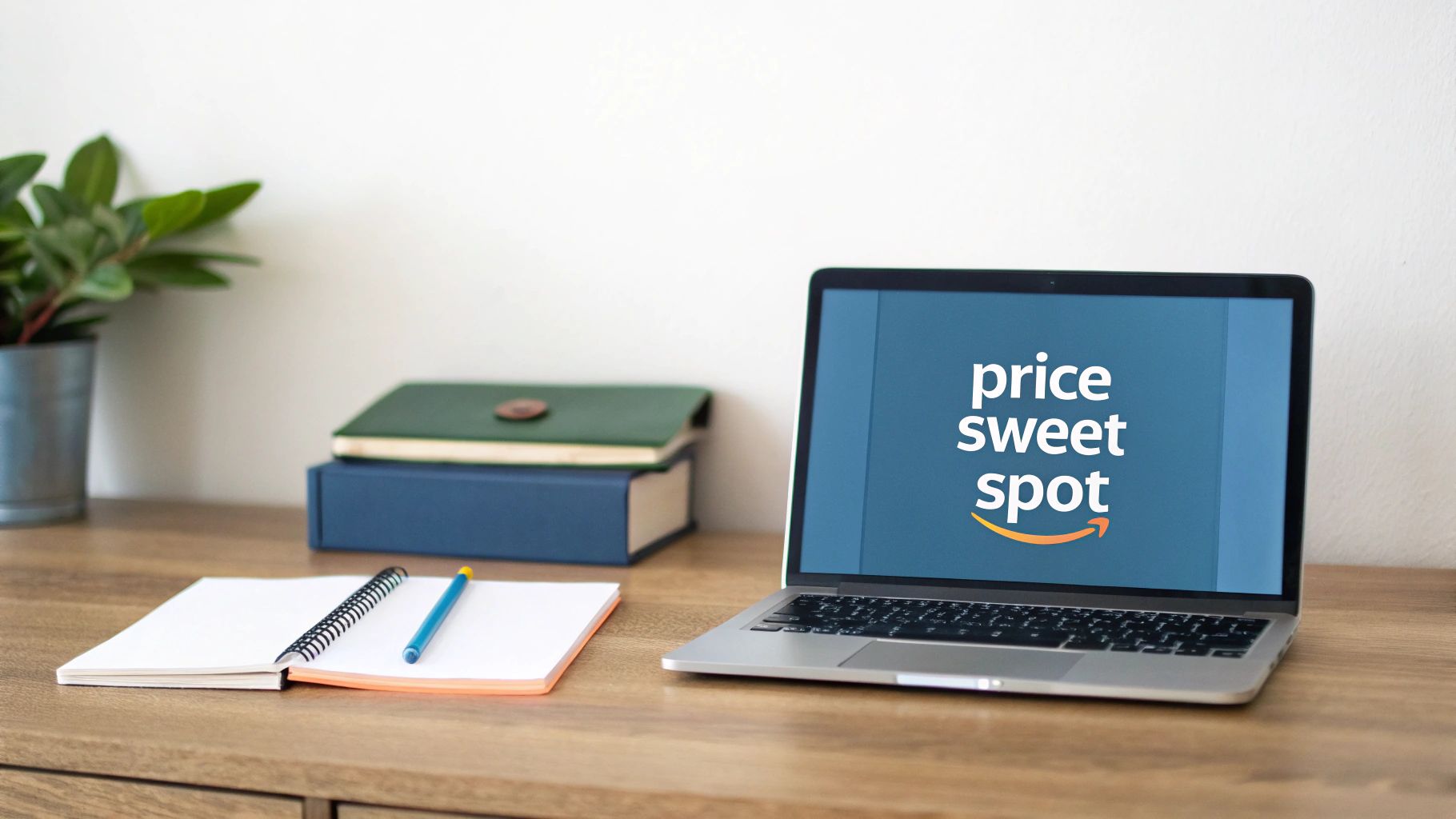 A laptop displaying "price sweet spot" with an Amazon-like logo, on a desk with books and a notebook.