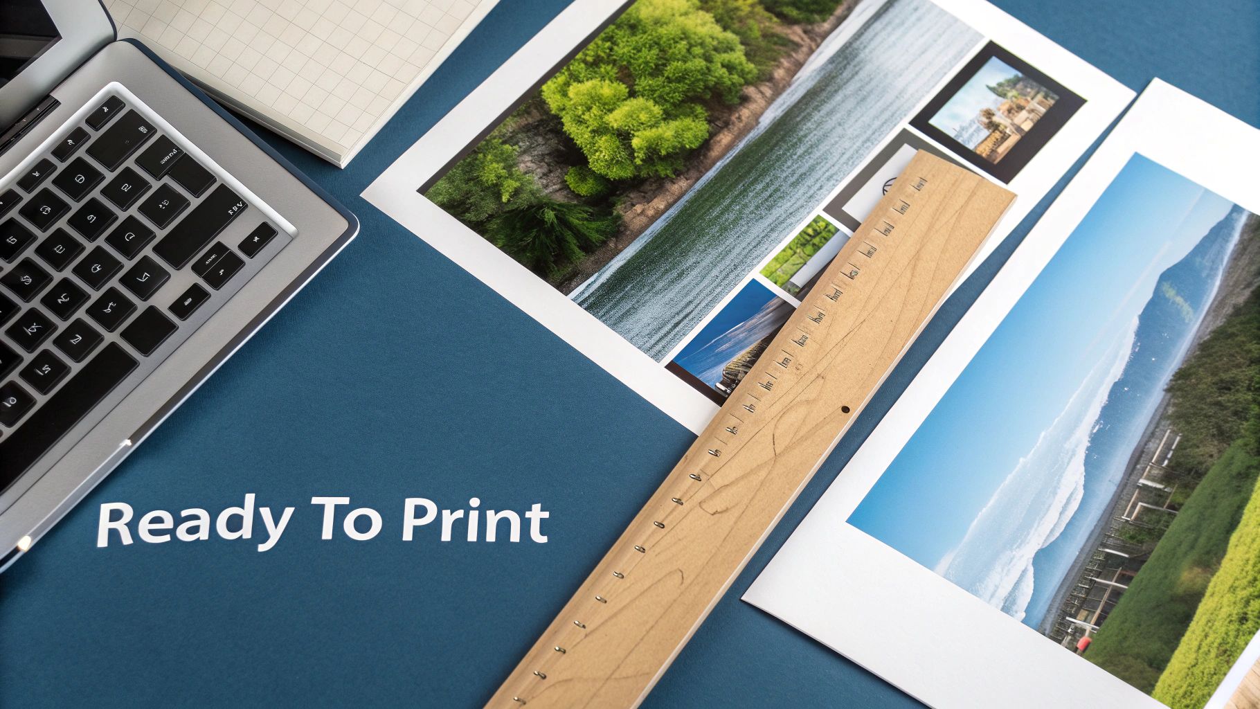 Overhead view of a creative workspace with a laptop, notebook, ruler, and nature landscape photos labeled 'Ready To Print'.