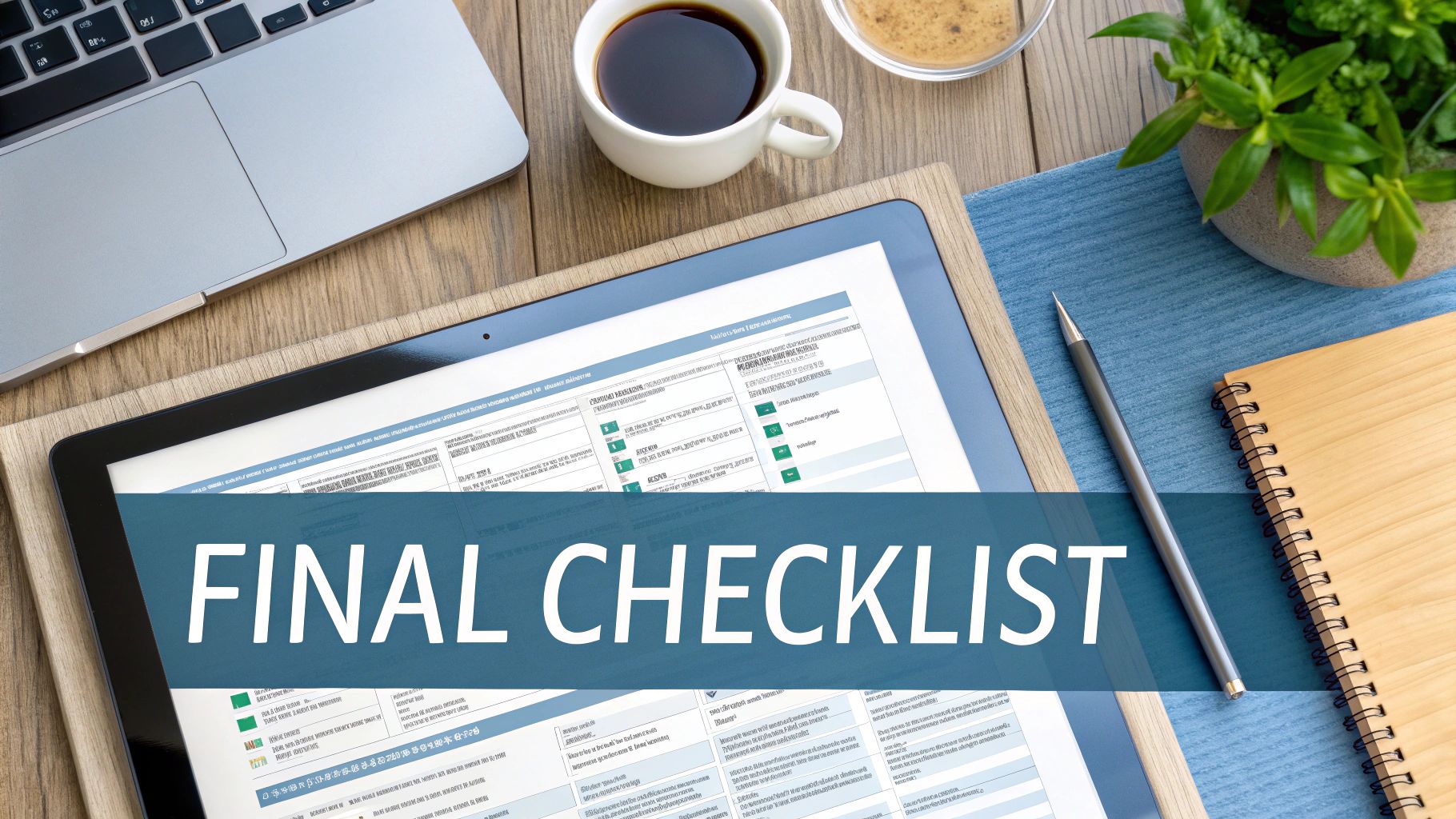 Overhead view of a modern workspace with a laptop, coffee, and a tablet showing a final checklist.