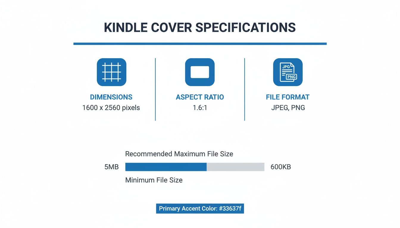 Kindle cover specifications displaying essential details like dimensions, aspect ratio, file format, and file size requirements.