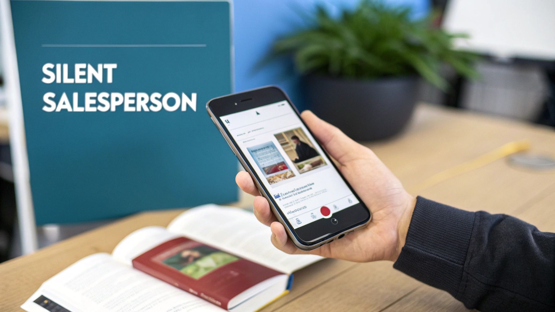 A hand holding a smartphone displaying an app, with an open book and a 'Silent Salesperson' sign.