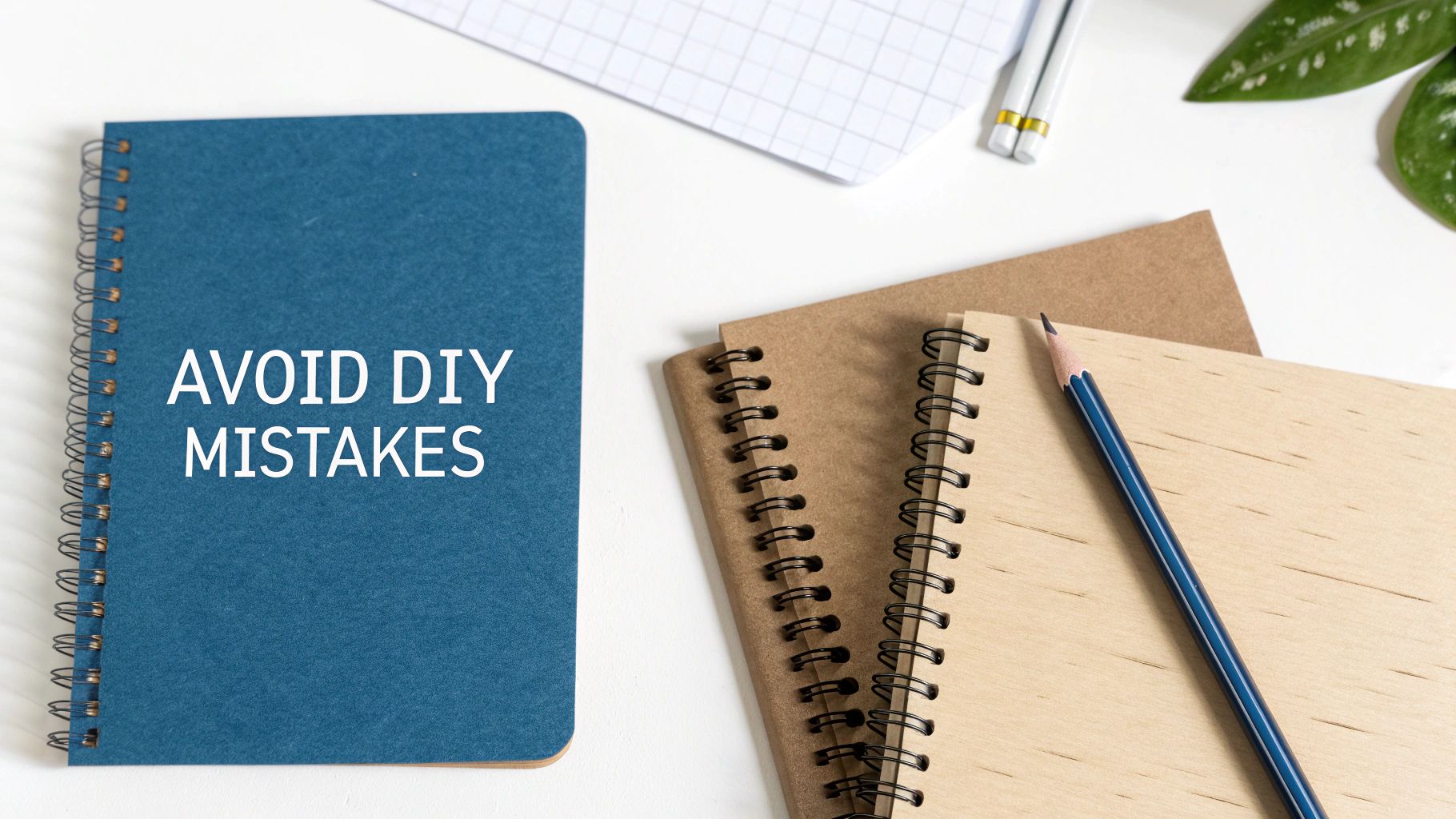 A blue notebook displays "AVOID DIY MISTAKES" on a desk with other notebooks and pencils.