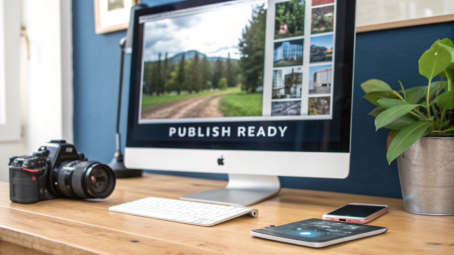 A creative workspace with an Apple iMac showing 'PUBLISH READY', a camera, keyboard, and mobile devices.