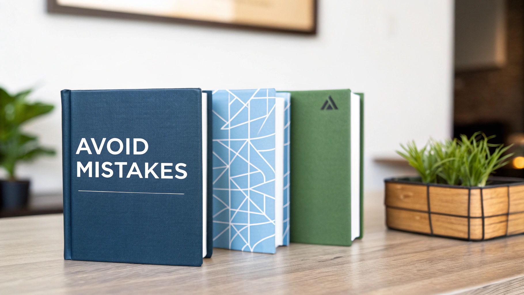 Three books, one titled 'AVOID MISTAKES', standing on a wooden table next to a plant.