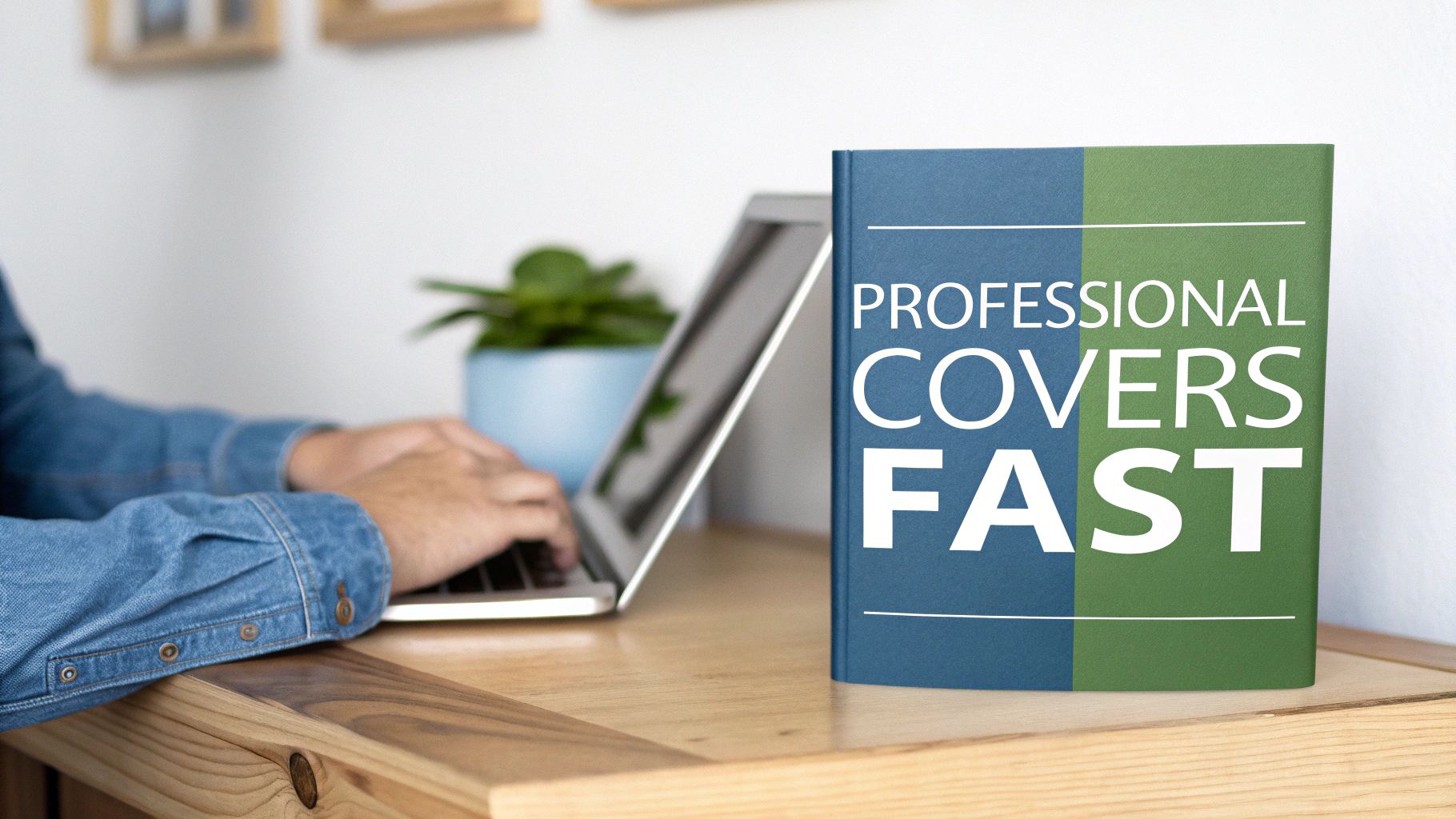 A person in a denim shirt types on a laptop next to a book titled 'Professional Covers Fast' on a wooden desk.