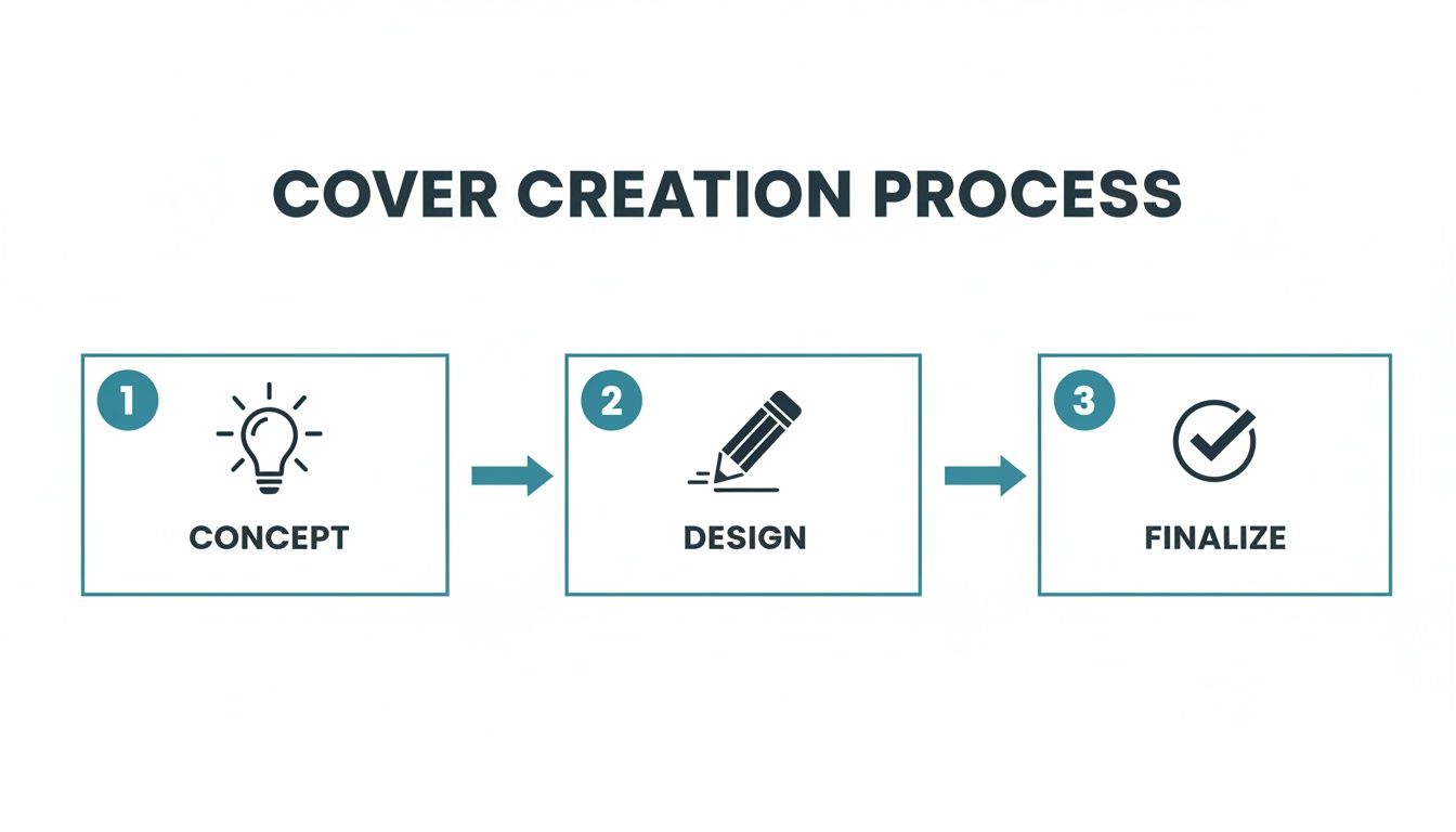 Infographic showing a three-step cover creation process: concept, design, and finalize.