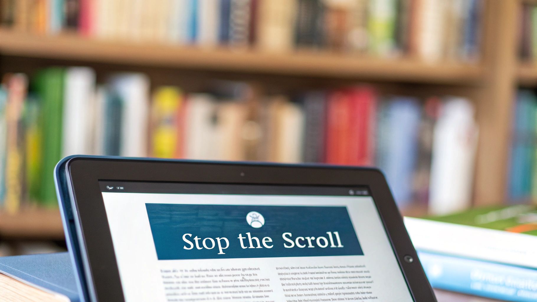 A tablet with a blue case displays “Stop T`he Scroll” on its screen, with blurred bookshelves in the background.