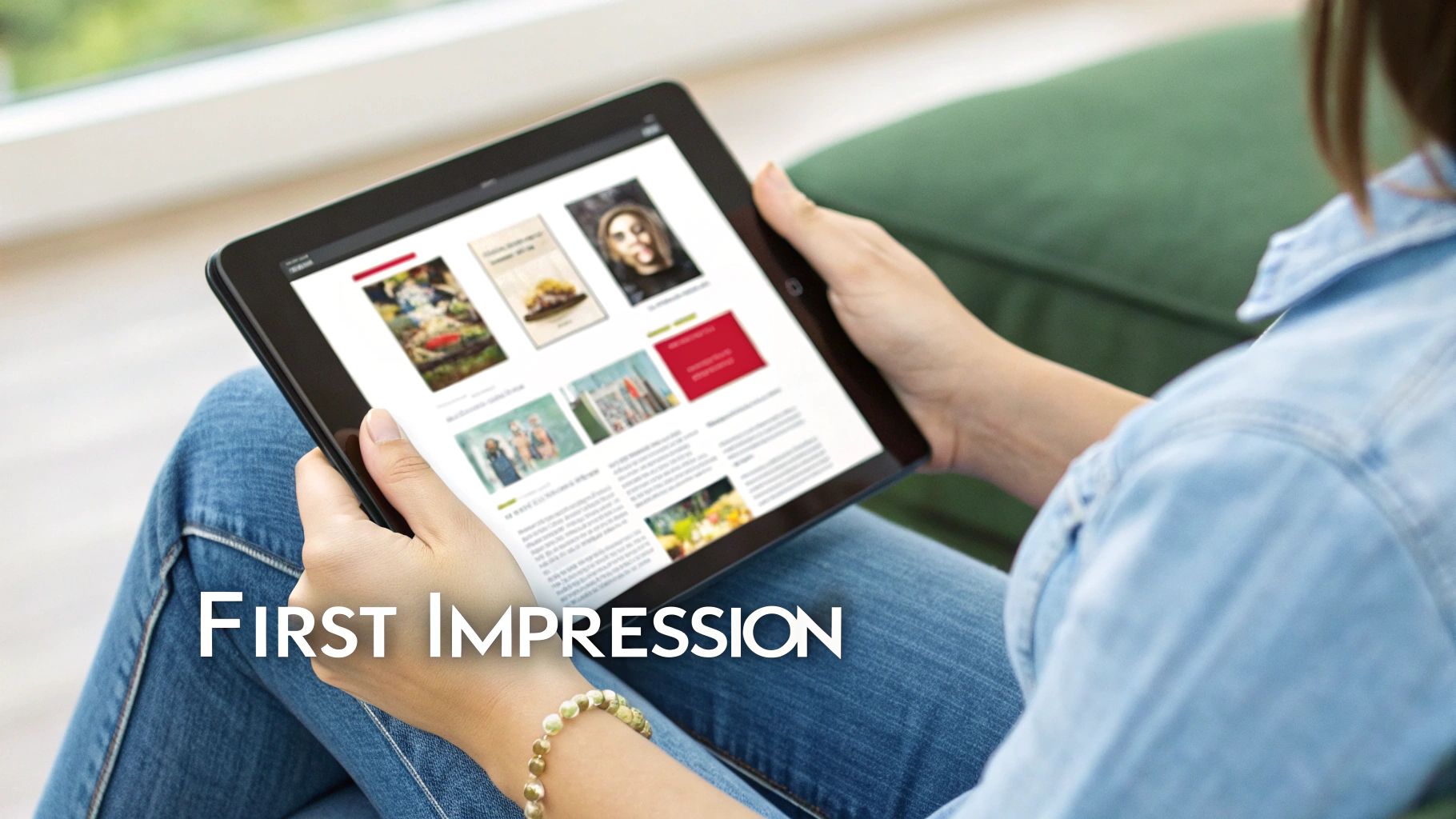 A person holds a tablet, browsing a digital magazine or news site with various articles and images.