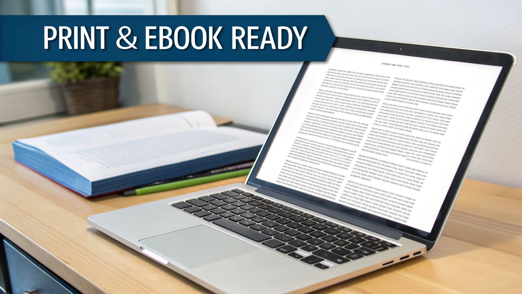 A laptop and an open book on a desk, with a banner saying 'PRINT & EBOOK READY'.