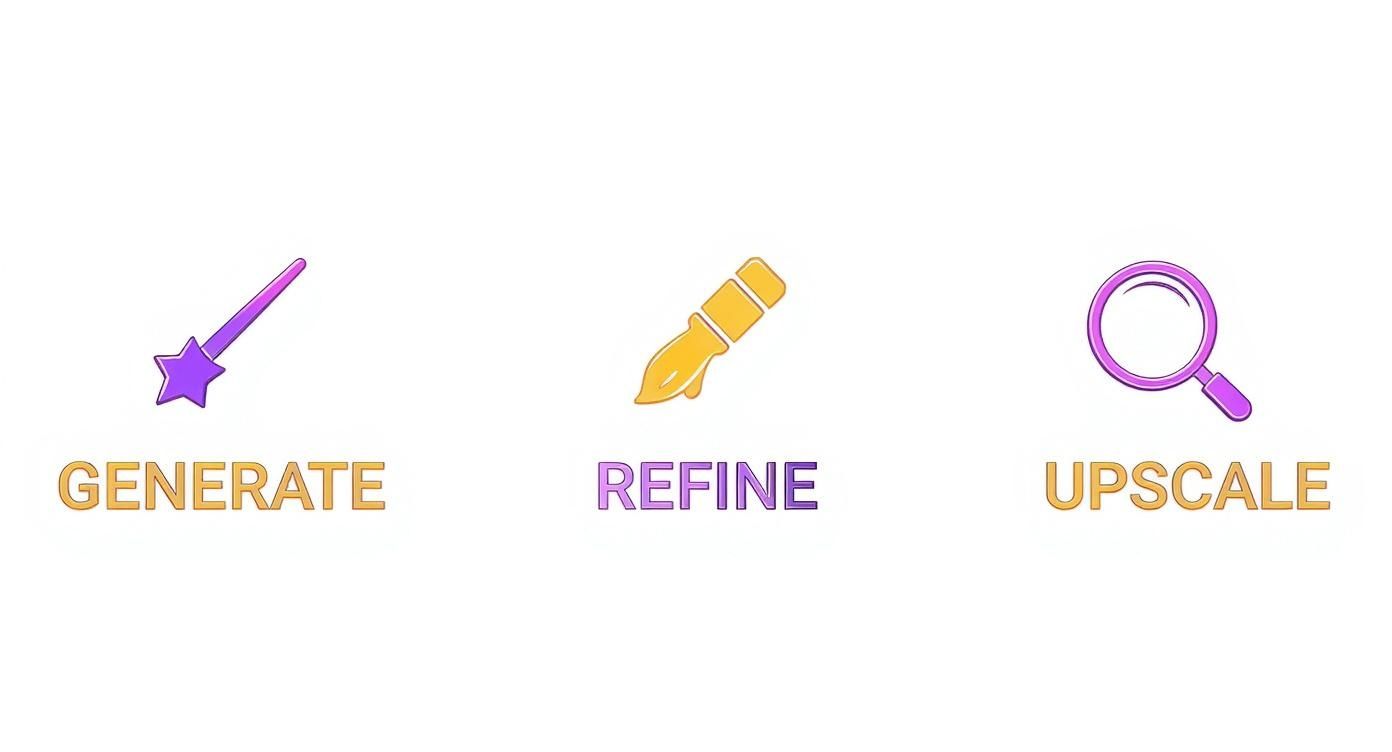 Three icons representing a creative process: generate with a magic wand, refine with a pen, upscale with a magnifying glass.