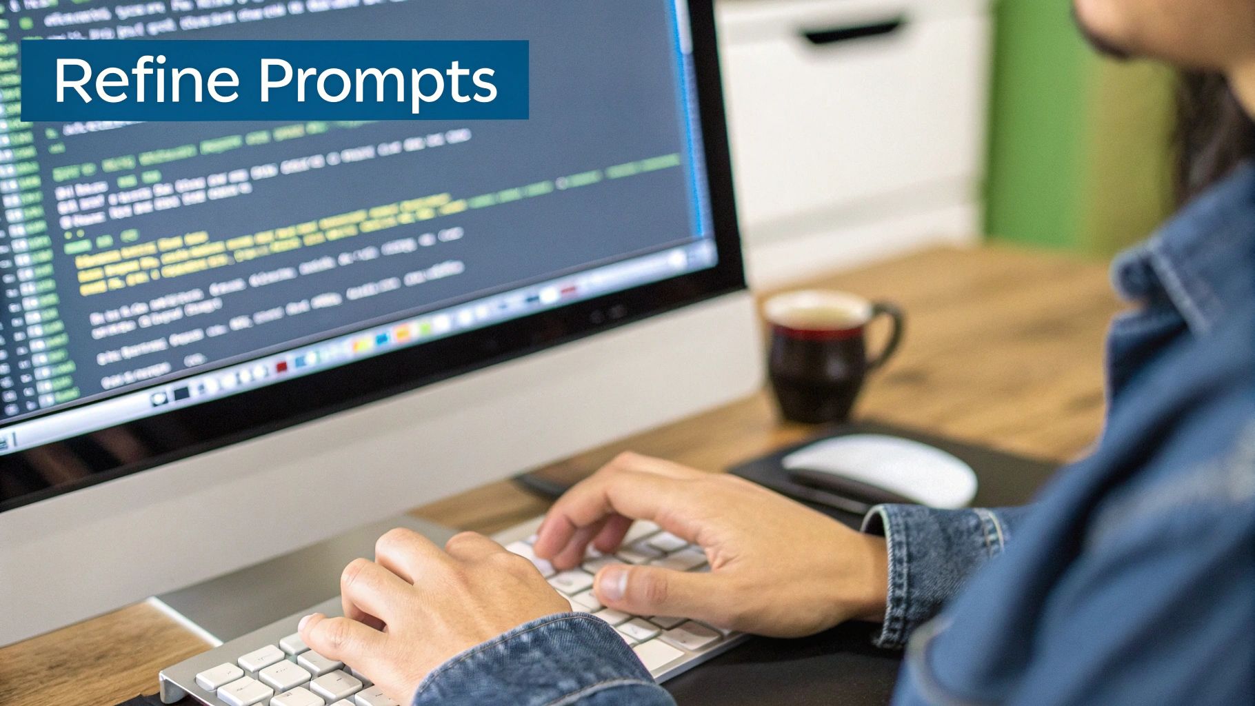 A person typing on a keyboard, coding on a computer screen displaying 'Refine Prompts' text.