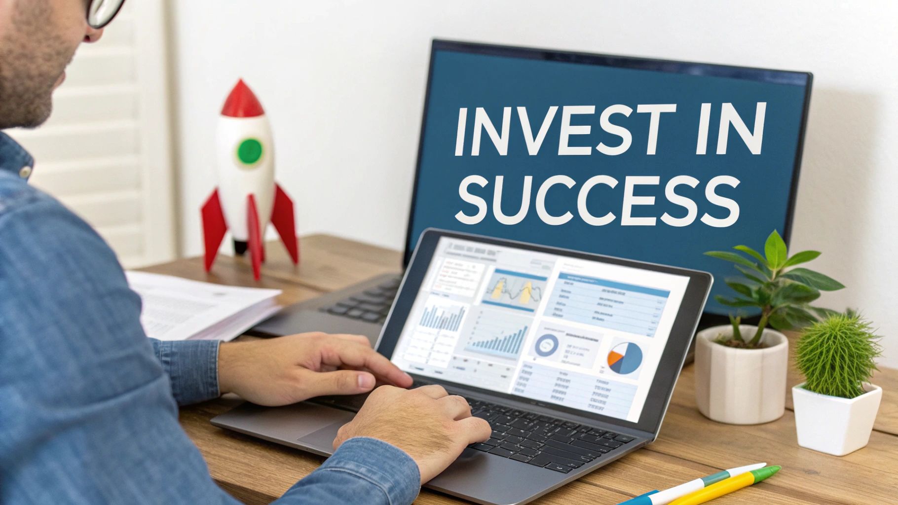 A person works on a laptop displaying data, with a monitor showing 'INVEST IN SUCCESS' in the background.