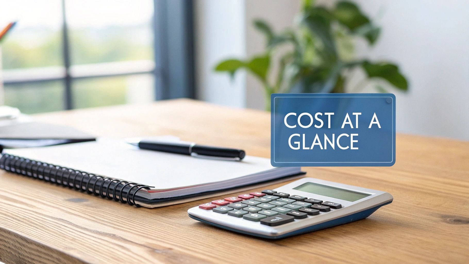 A wooden desk with a notebook, pen, and calculator, featuring a blue sign that reads 'COST AT A GLANCE'.