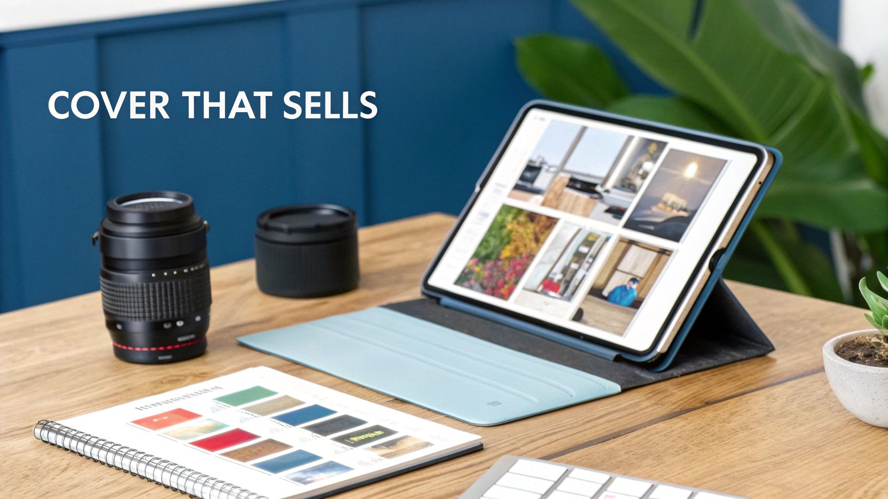 A tablet in a light blue cover displays various images on a wooden desk with camera lenses and a notebook.