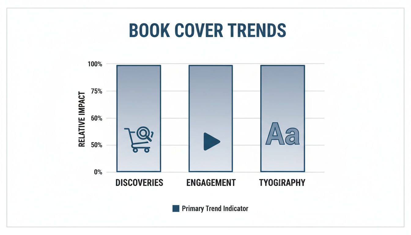Bar chart illustrating book cover trends with 100% relative impact for discoveries, engagement, and typography.