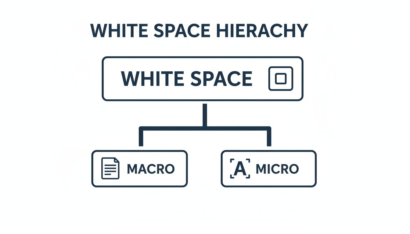 A flowchart illustrates the white space hierarchy, dividing it into macro and micro white space.