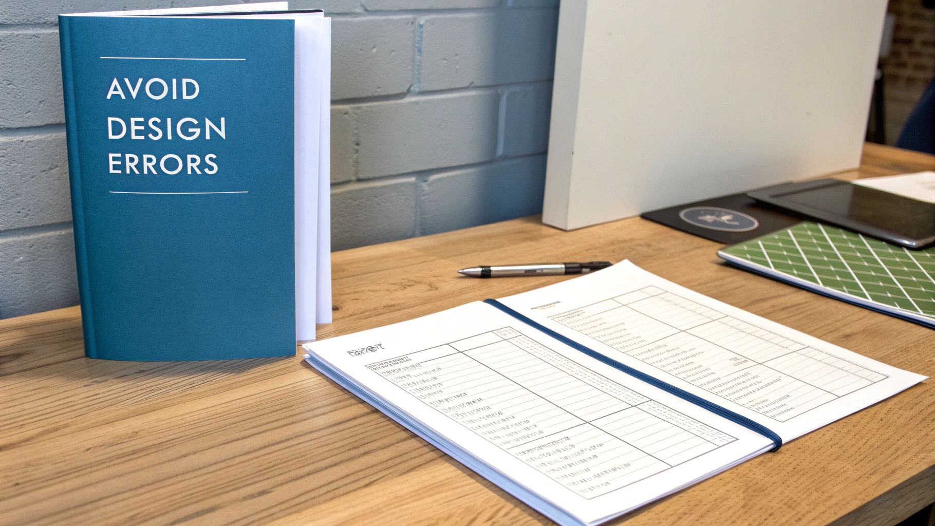 A teal book "AVOID DESIGN ERRORS" standing on a wooden desk with a pen and papers.