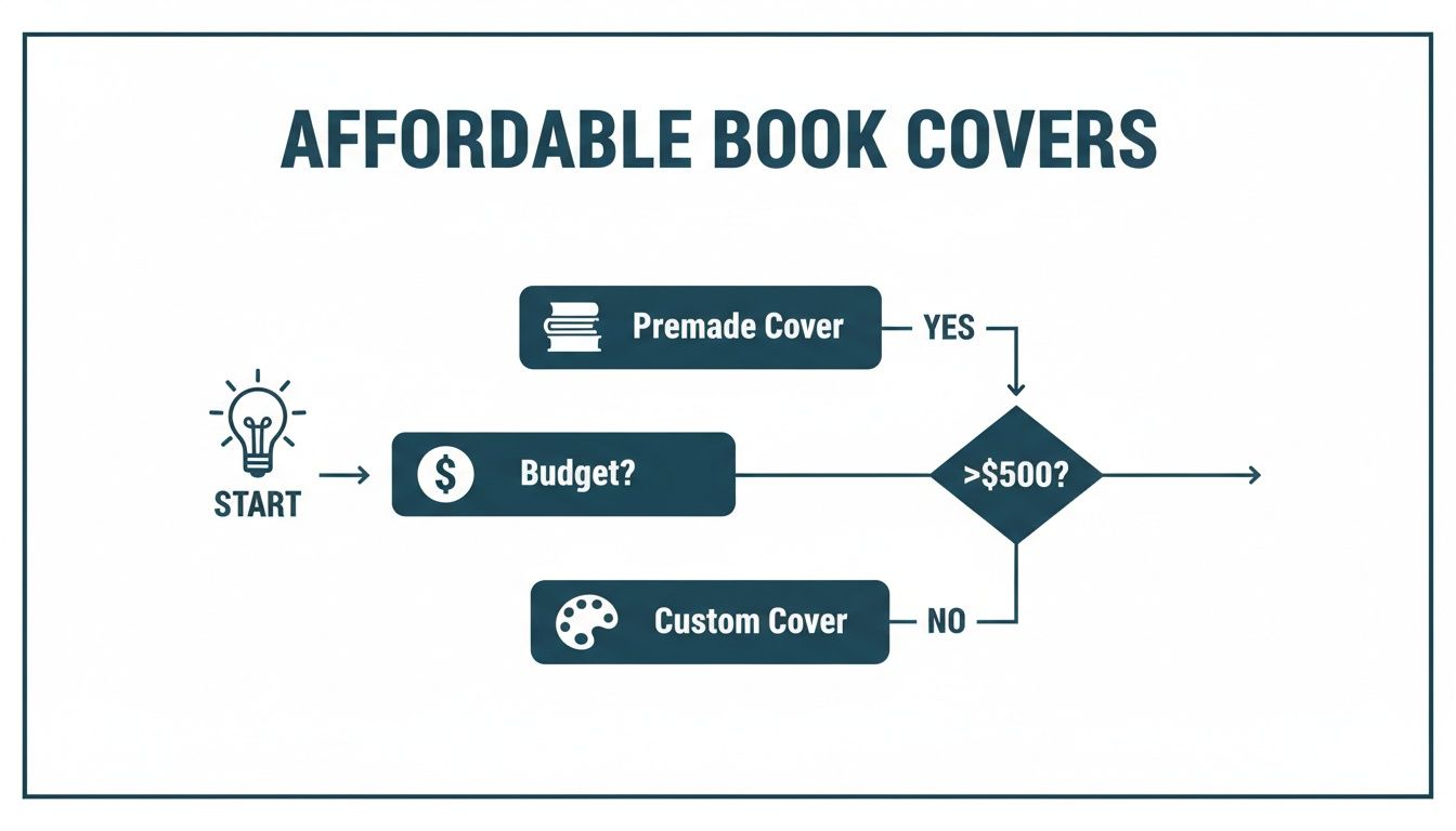 A flowchart outlining choices for affordable book covers, including premade or custom options based on budget.