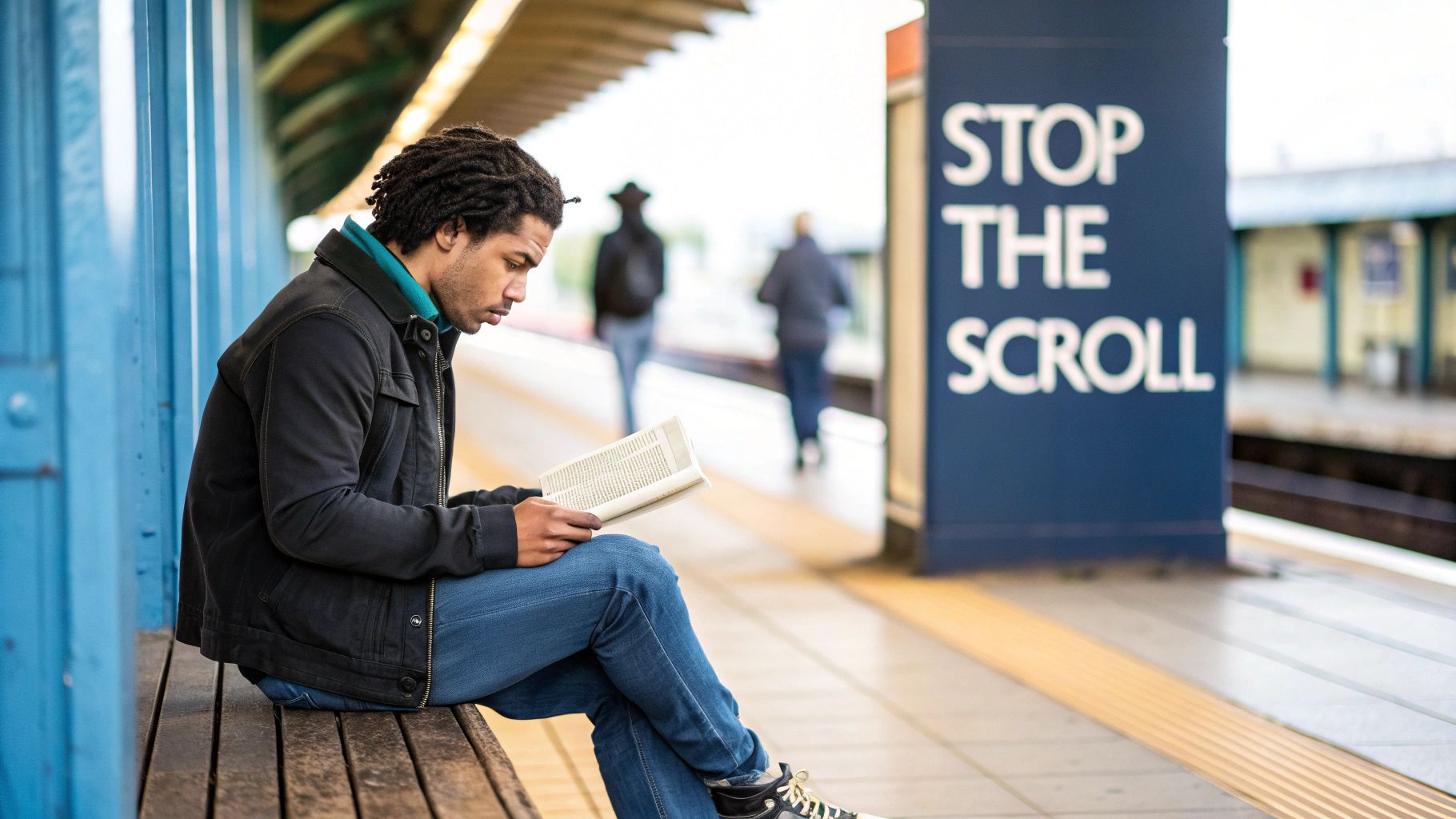 A young man with dreadlocks reads a book on a subway platform next to a "STOP THE SCROLL" sign.