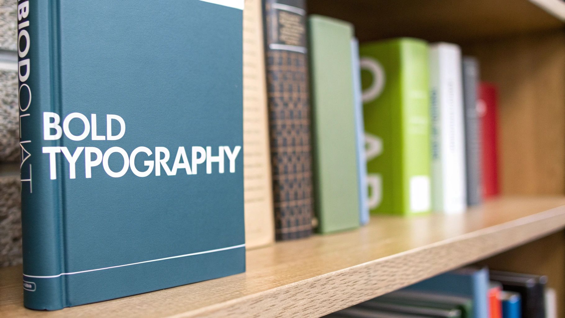 A teal book titled 'BOLD TYPOGRAPHY' stands on a wooden shelf among other blurred books.