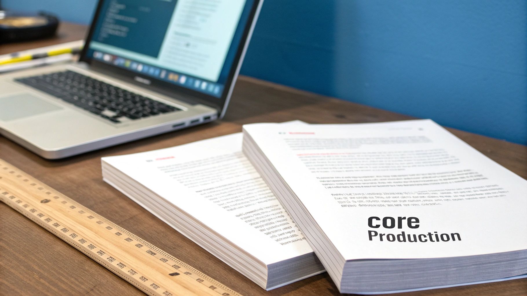 A silver laptop, two books, and a wooden ruler on a desk, with one book titled 'core Production'.