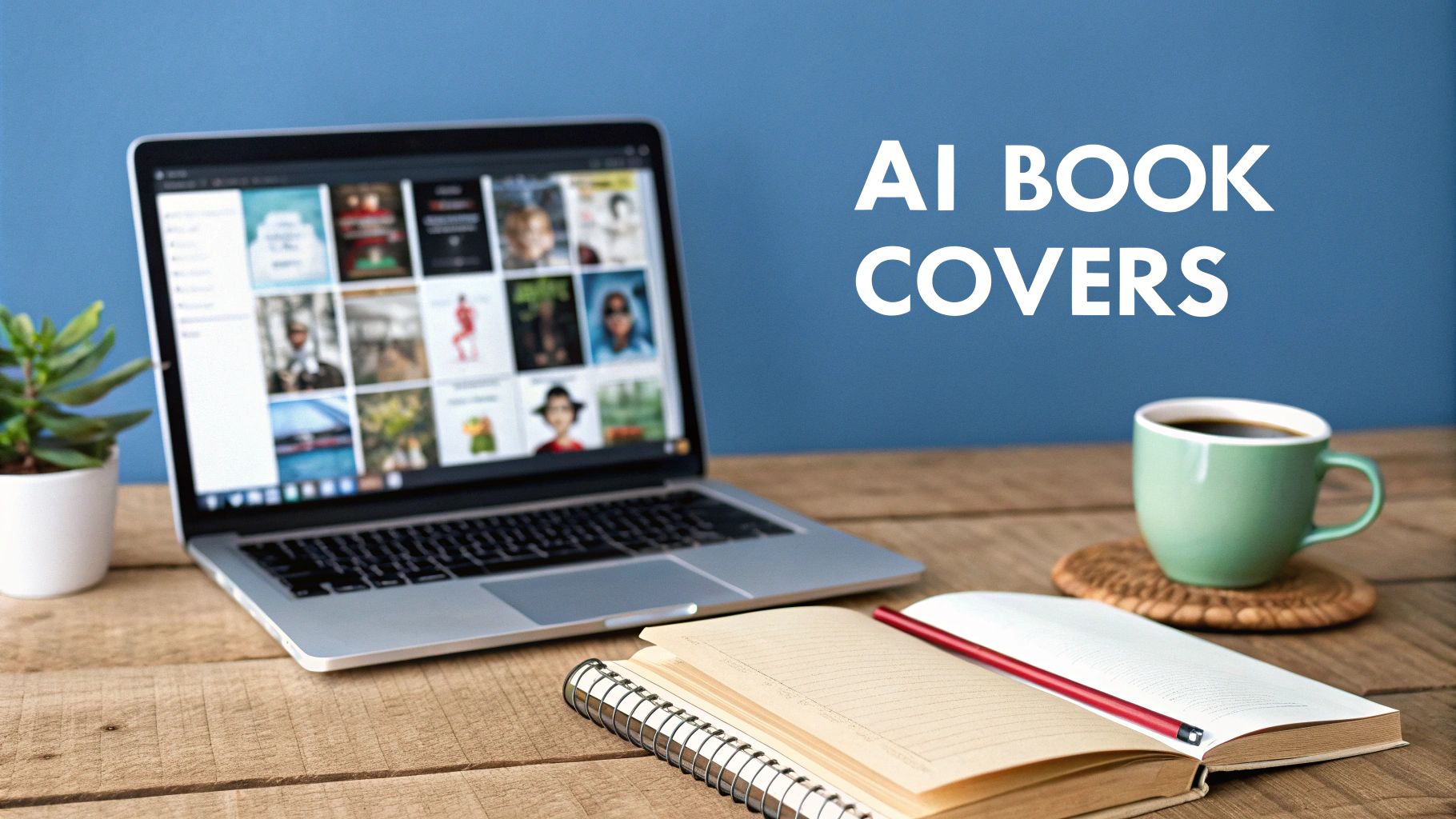 A laptop displaying diverse AI book covers on a wooden desk with a coffee mug and notebook.