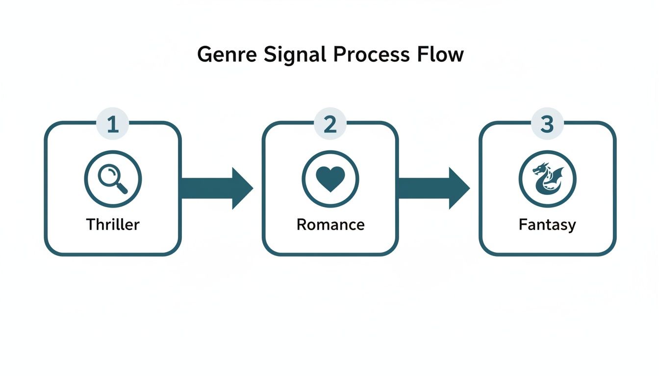 A flowchart illustrates the Genre Signal Process Flow, progressing from Thriller to Romance to Fantasy.