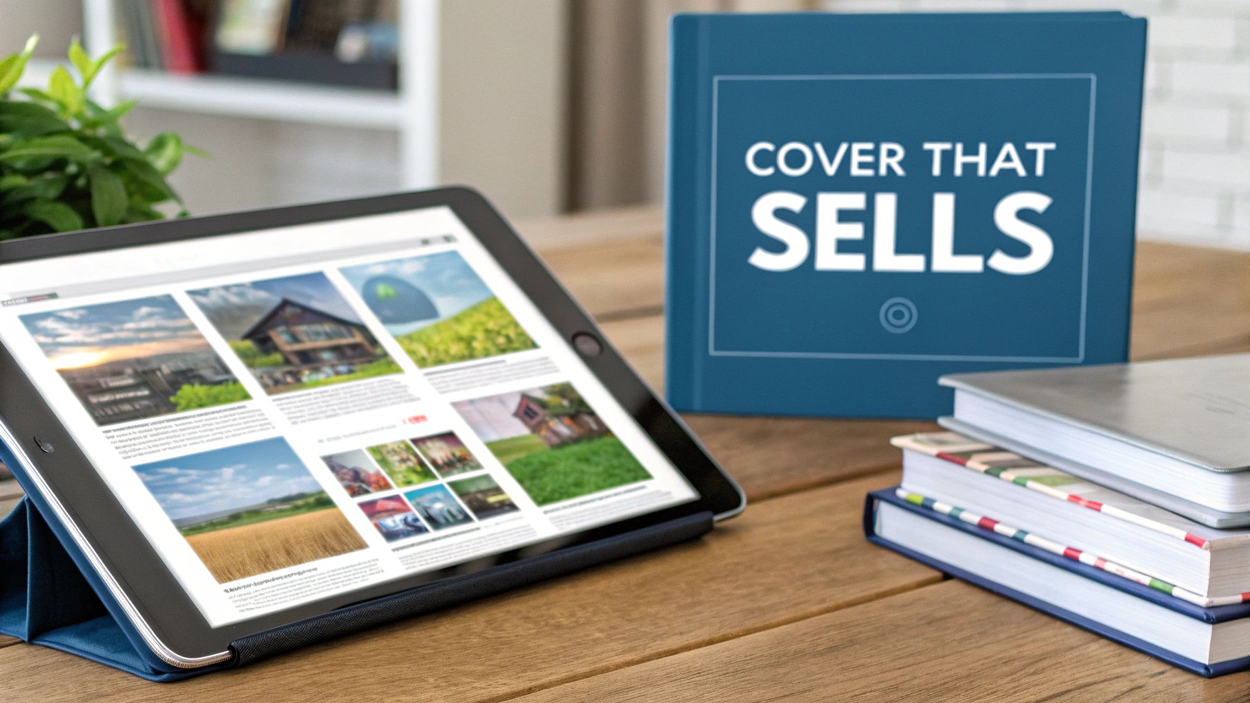 A tablet showing images on a wooden desk, with a 'COVER THAT SELLS' book and more books.