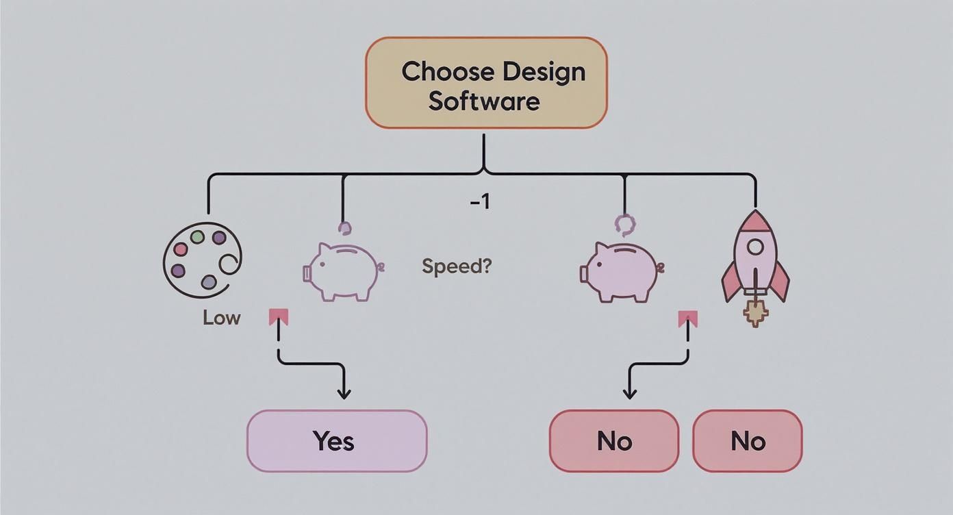 Flowchart illustrating the decision-making process for choosing design software based on factors like cost, speed, and complexity.