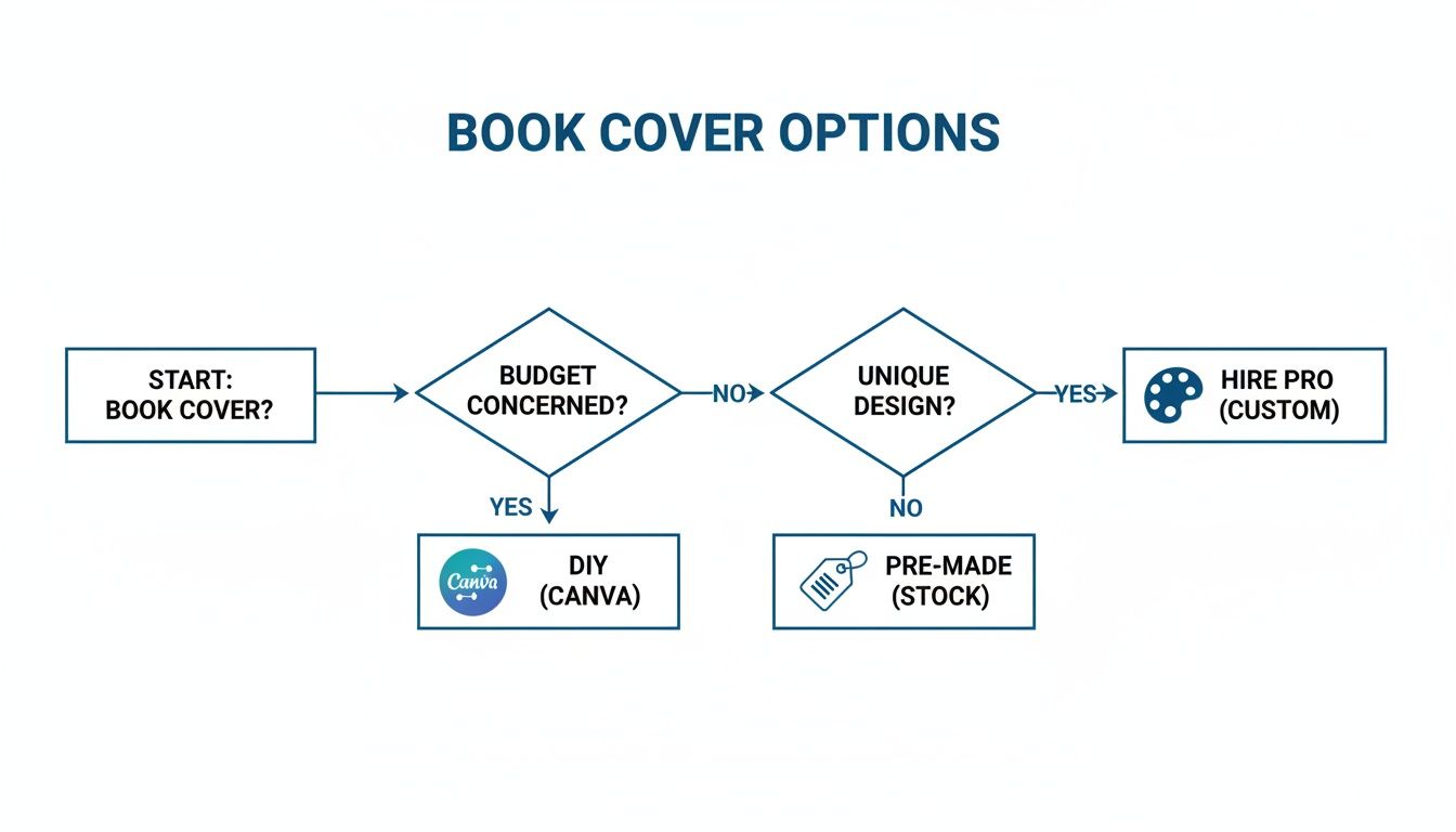 Flowchart detailing book cover design options based on budget concerns and unique design requirements.