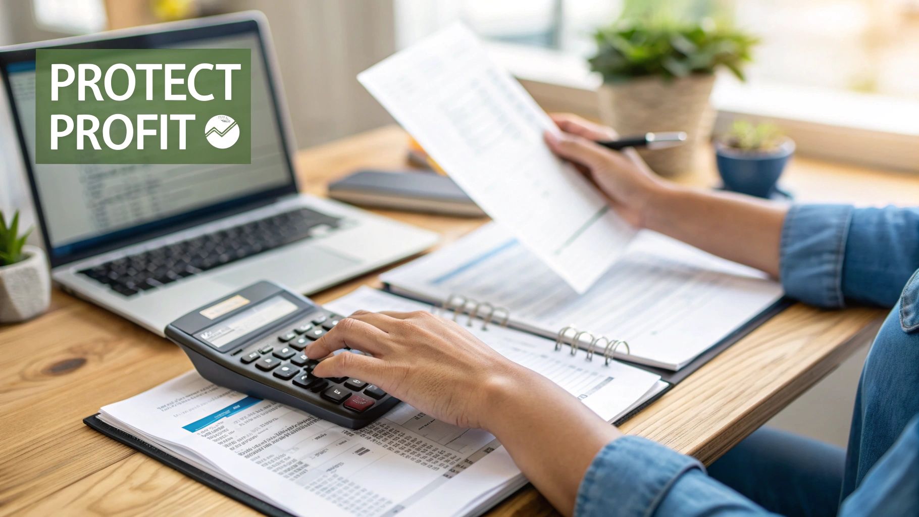 A person calculates finances at a desk with a laptop, calculator, and 'PROTECT PROFIT' text.