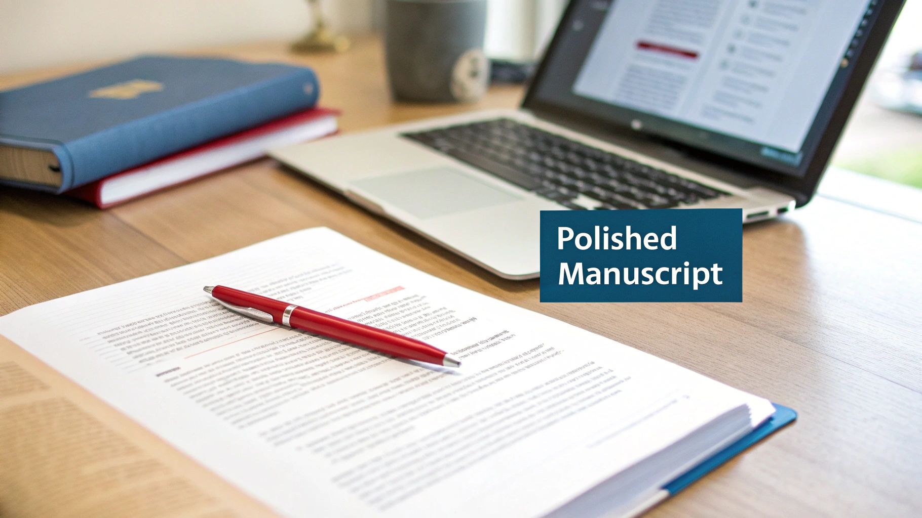 A professional desk setup featuring an open laptop, books, and a red pen resting on a document, indicating manuscript work.