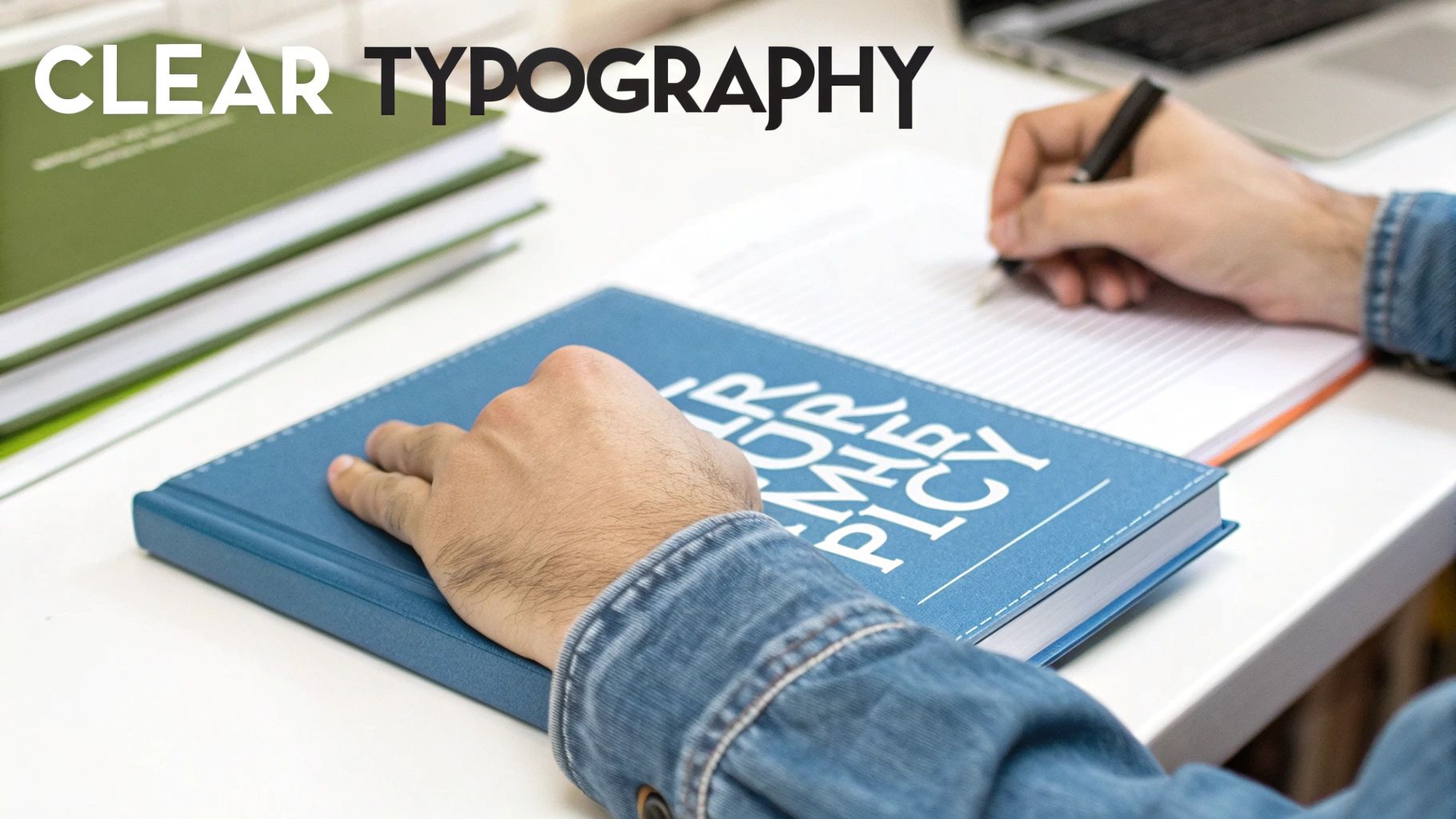 A person writing in a notebook on a desk with books, highlighting the importance of clear typography.