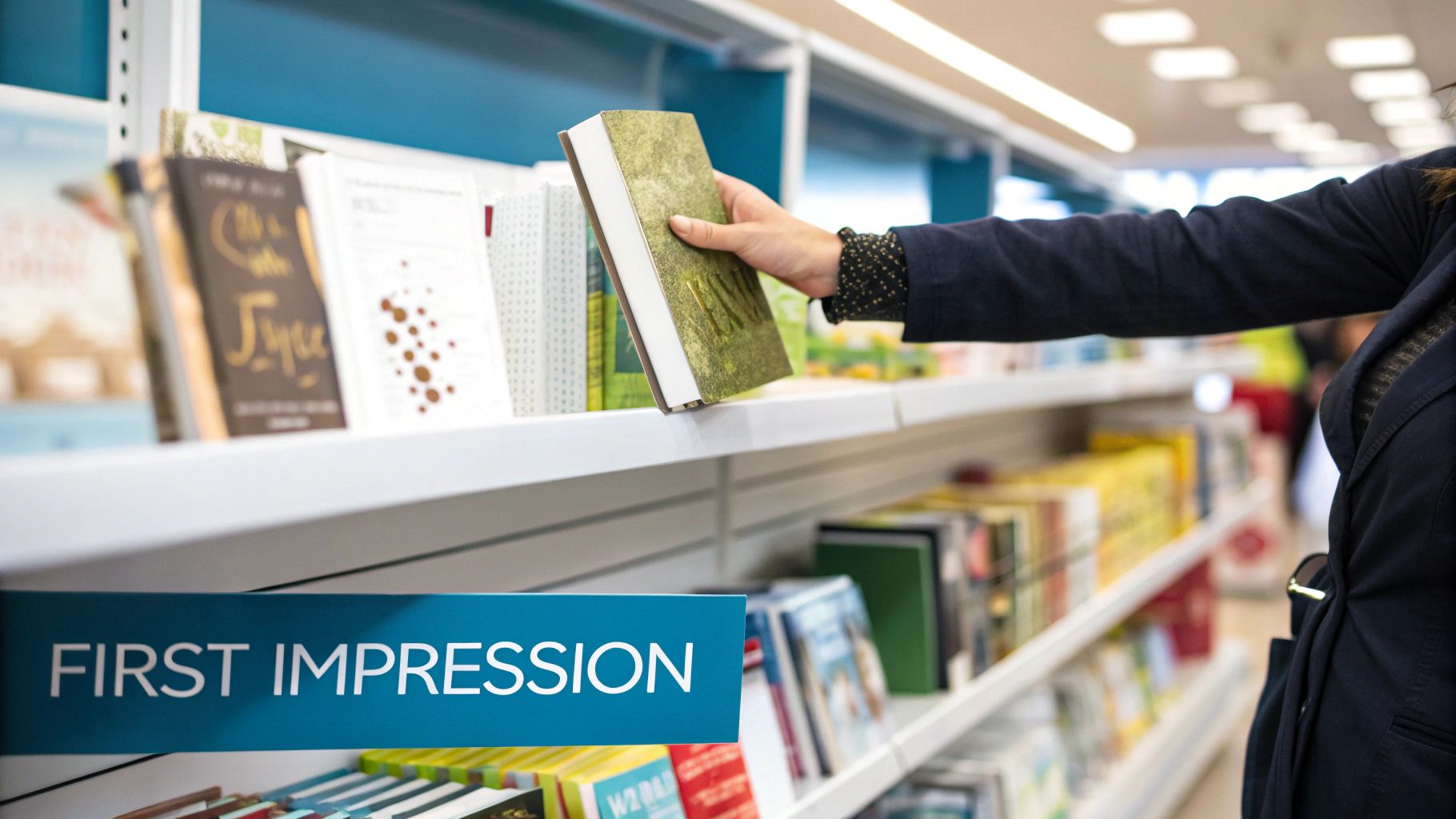 A person's hand picks a textured green book from a white shelf in a bookstore or library.