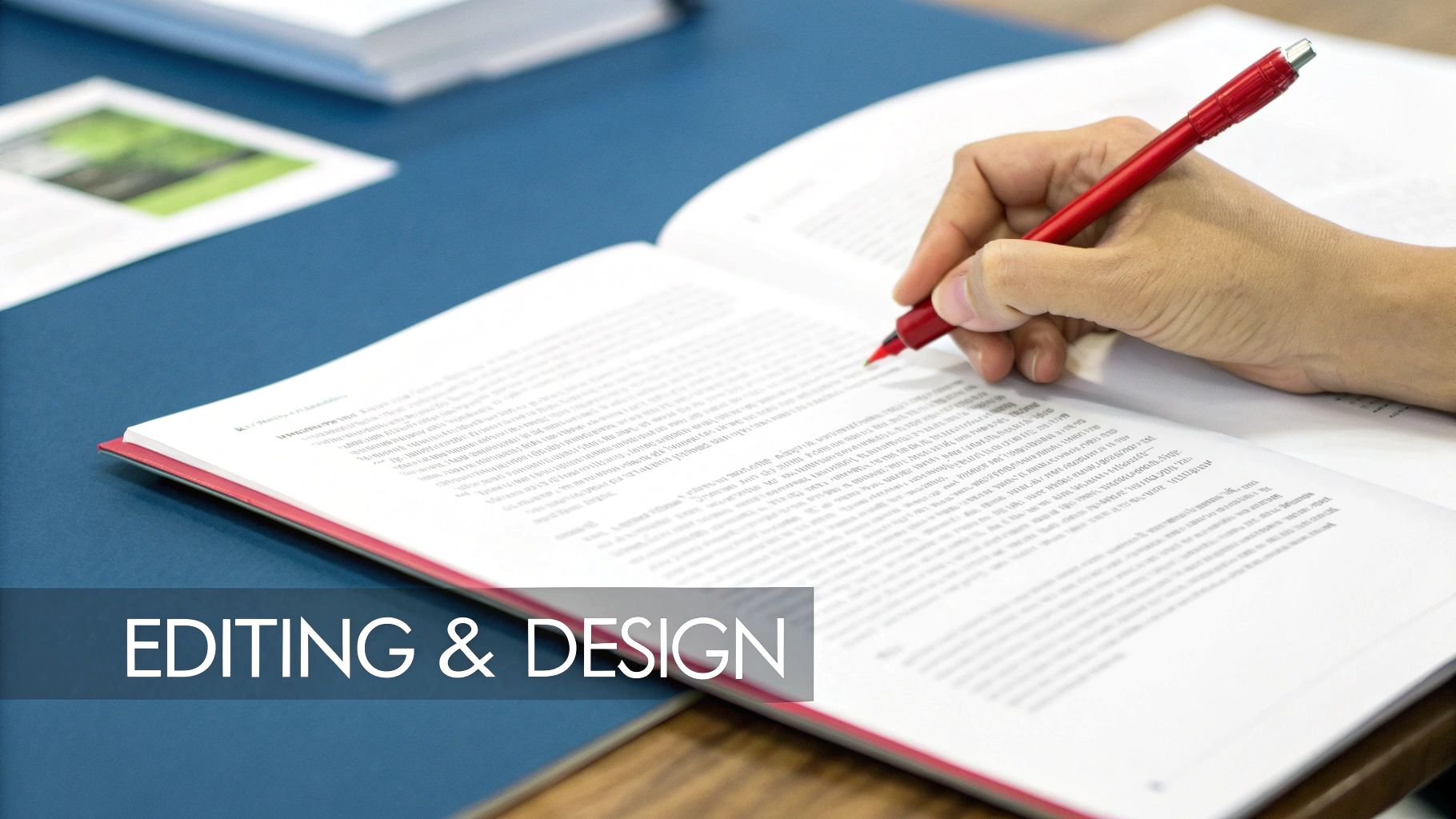 A hand holds a red pen, marking and editing an open book on a blue surface.