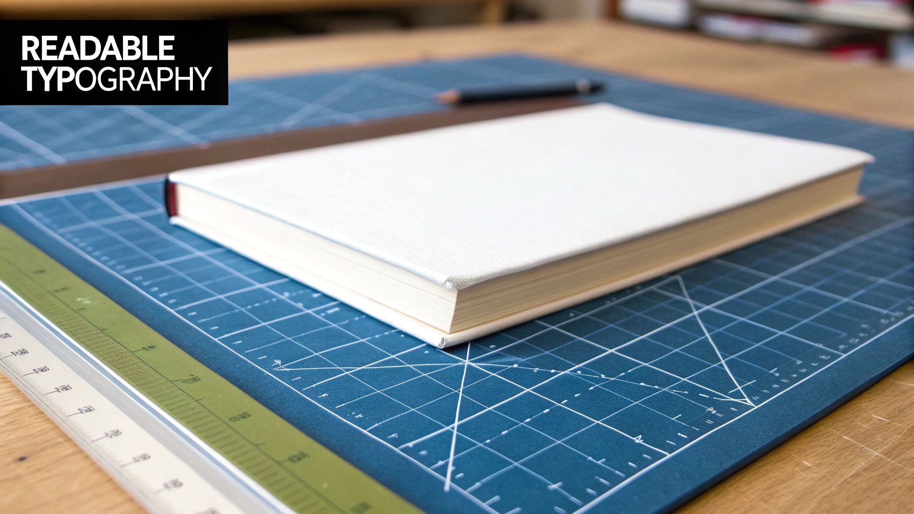 Close-up of a blank white book on a blue cutting mat, ready for design work.