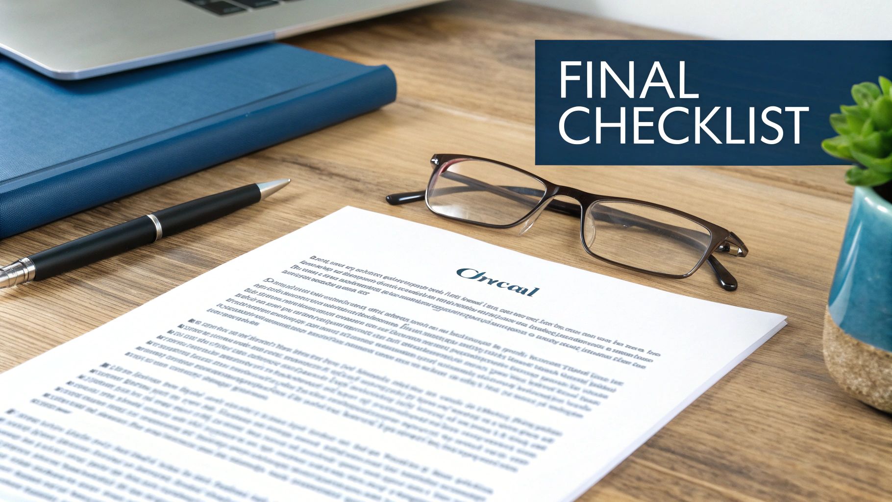 Professional desk setup with a document, pen, glasses, laptop, and a 'FINAL CHECKLIST' overlay.