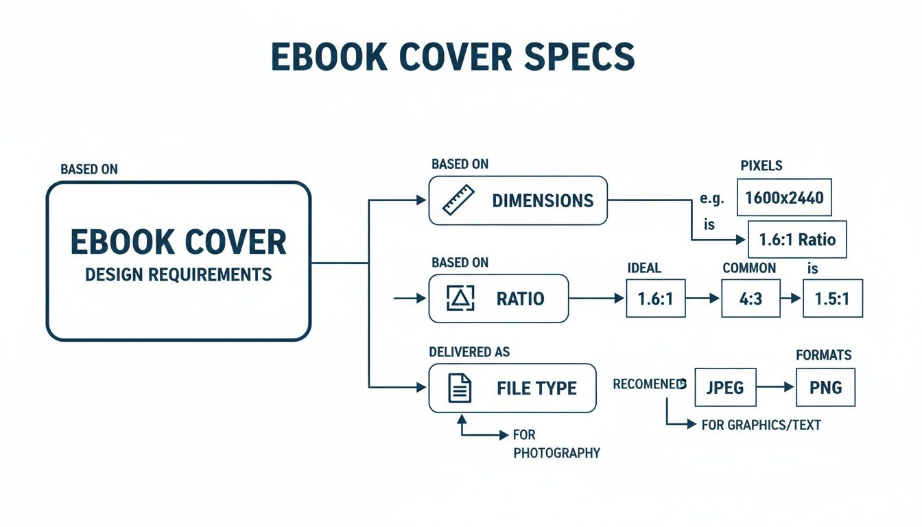 Ebook cover design specifications flowchart showing dimensions, aspect ratios (1.6:1, 4:3), and file formats.