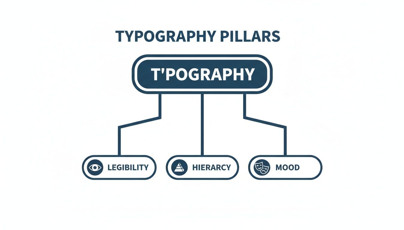 A diagram illustrating the three pillars of typography: legibility, hierarchy, and mood.